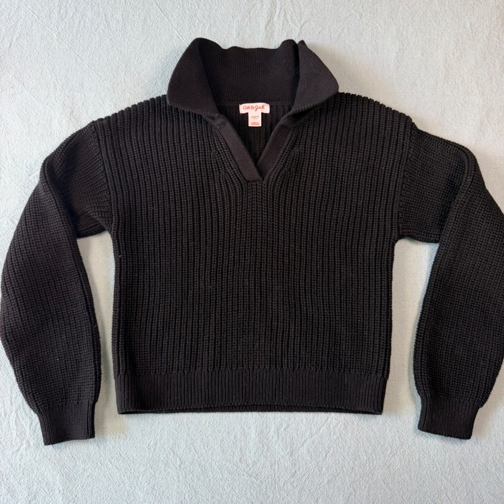 Cat & Jack Kids Black Shaker Stitch Pullover Sweater Notched Collar Size S 6/7